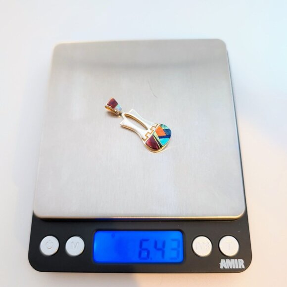 Navajo Wedding Vase Style Sterling Silver & Multicolor Inlay Pendant - Picture 4 of 10